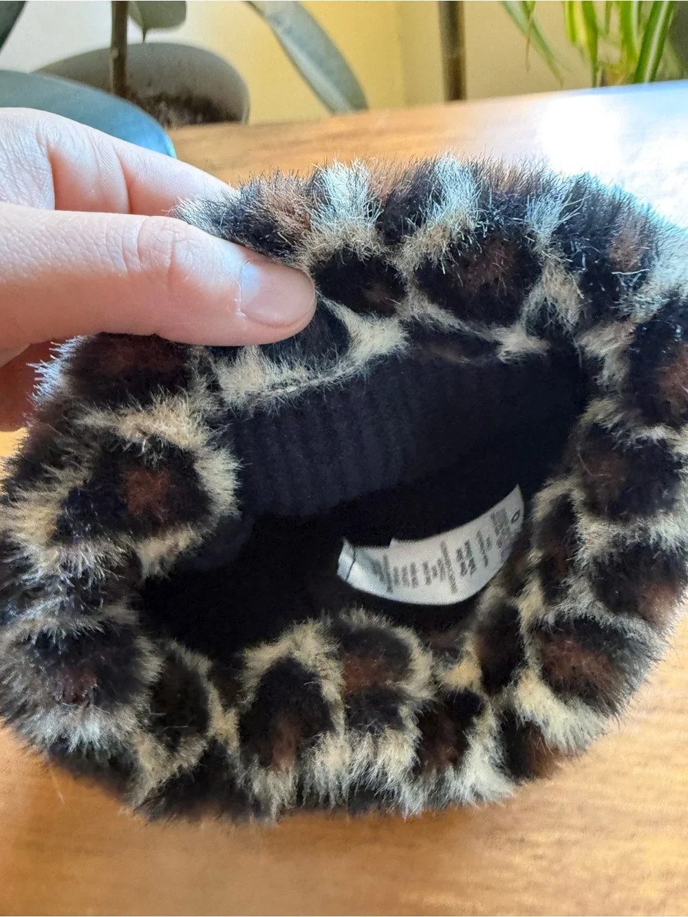 Black Beanie with Leopard Faux-Fur Cuff
